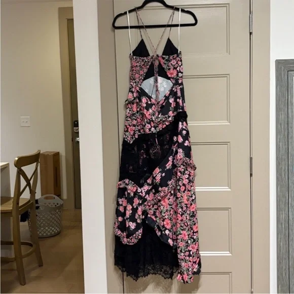 For Love & Lemons Rosalyn Maxi Dress Floral Lace Open Tie Back Black Pink Small - Picture 8 of 12